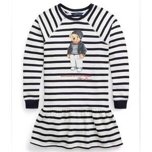 Polo Ralph Lauren Girls Polo Bear Striped Fleece Sweatshirt Dress M 8-10